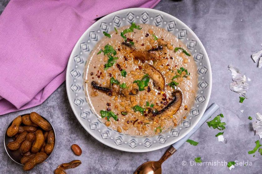 Photo of vegan mushroom soup taken and edited by Dharmishtha Gelda