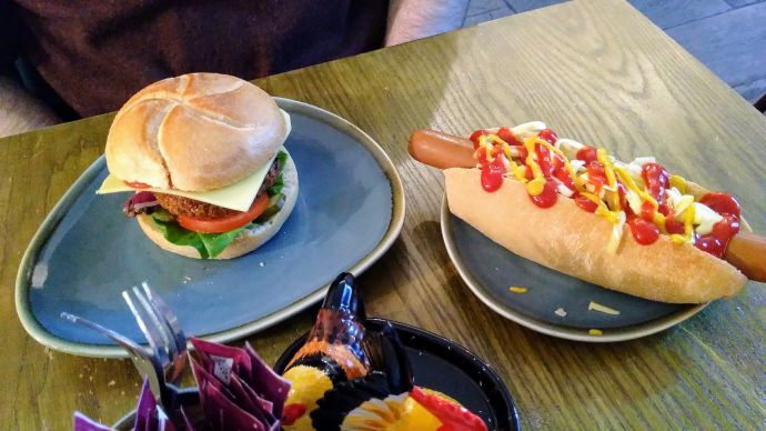 Mushroom burger and vegan hotdog